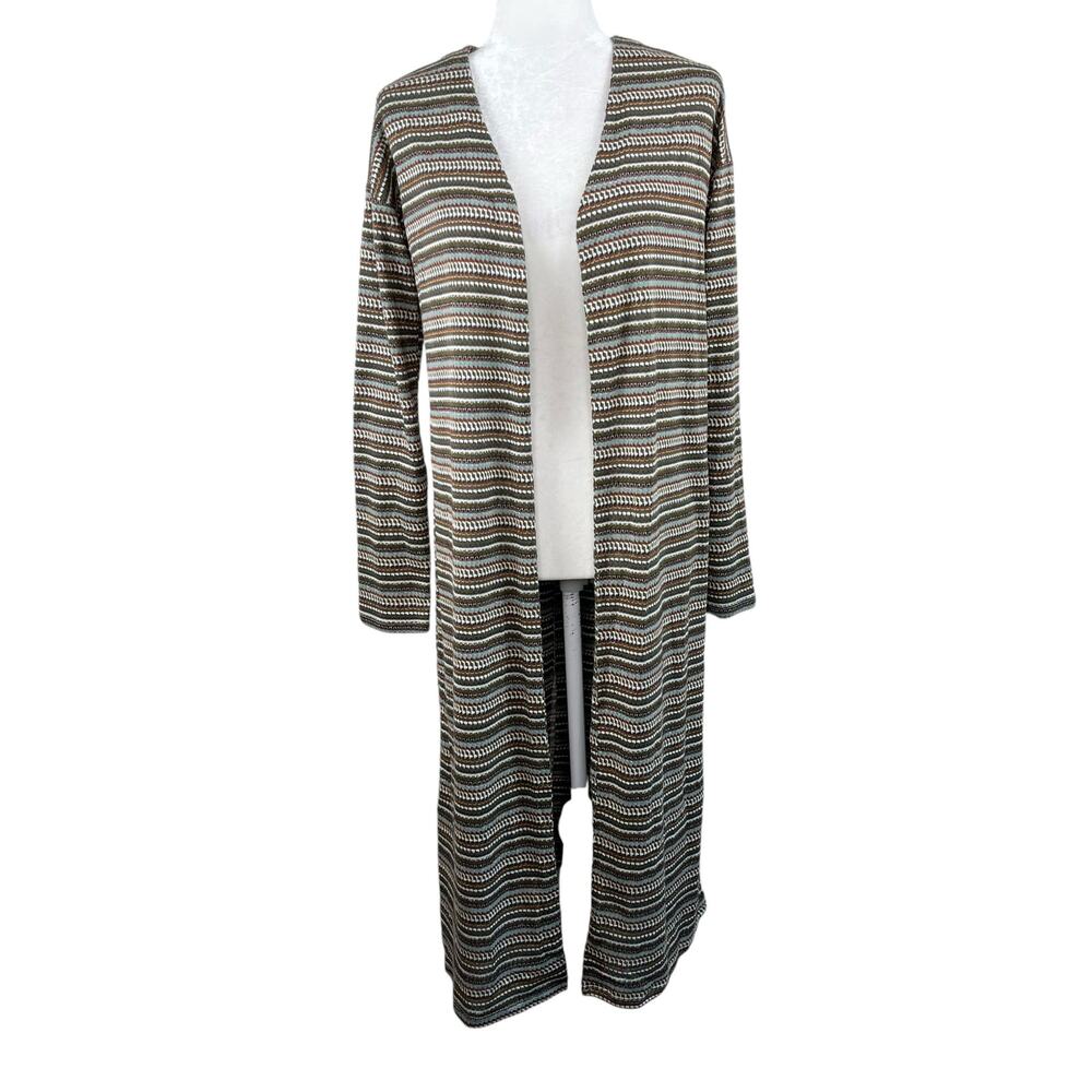 Bobeau Olive Green Multi Striped Knit Open Duster Cardigan Sweater Small NWOT